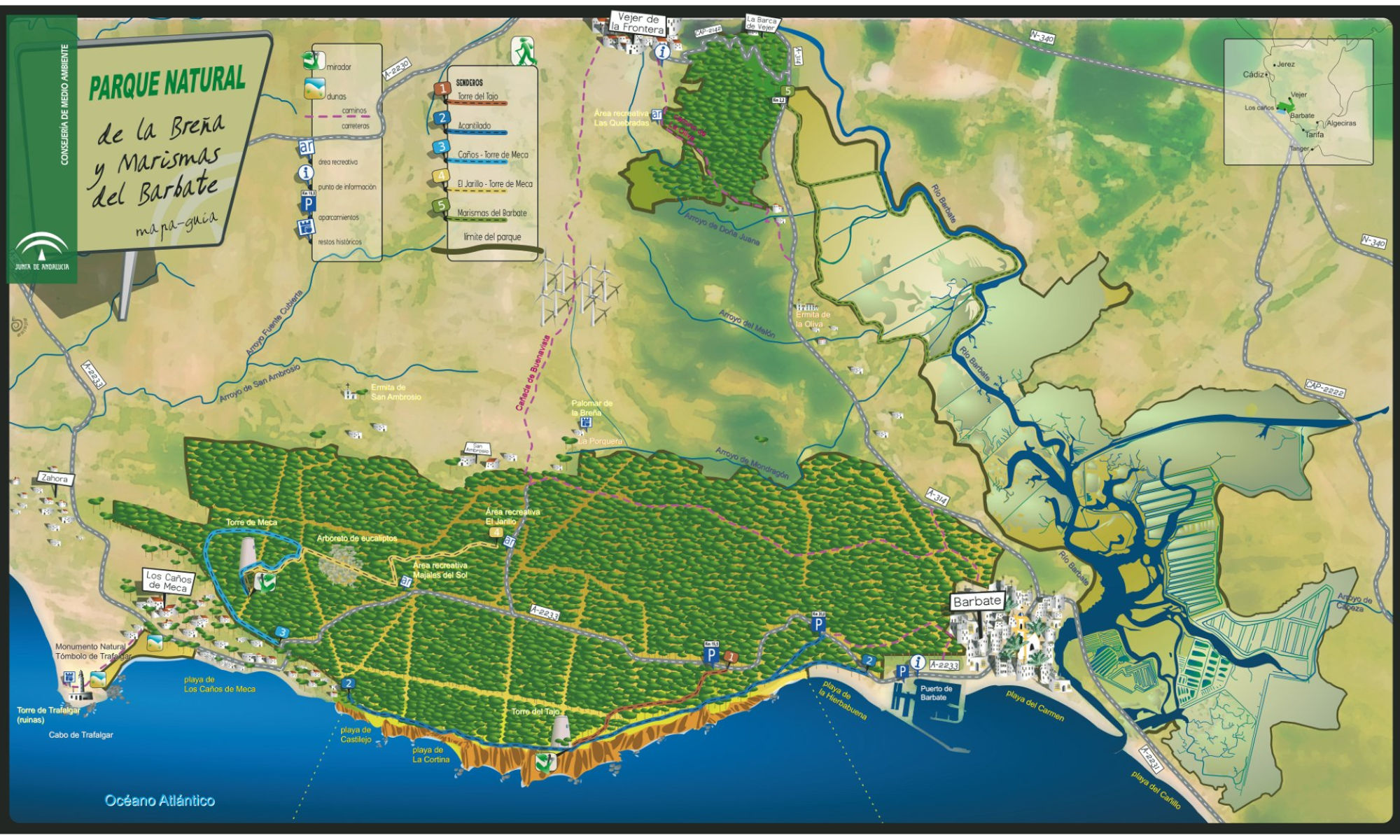 Mapa-guía del Parque Natural Breña y Marismas del Barbate
